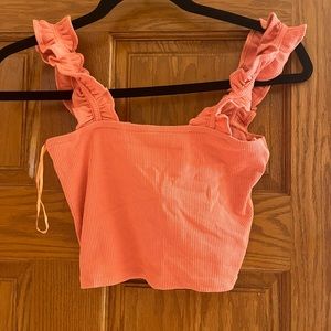 Zara coral ruffle strap  ribbed crop tank top S